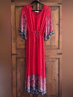 Cream Boho Red Tie-Waist Maxi Dress with Paisley Border